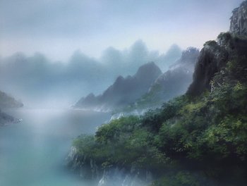 Movie still from “Gundam Wing: The Movie - Endless Waltz” (1998), directed by Yasunao Aoki – A painting of a mountain and a body of water; Extreme Wide shot, Low angle