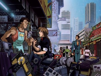Movie still from “Gundam Wing: The Movie - Endless Waltz” (1998), directed by Yasunao Aoki – A group of people standing in a crowded street; Wide shot, High angle