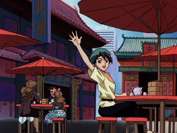 Movie still from “Gundam Wing: The Movie - Endless Waltz” (1998), directed by Yasunao Aoki – An animated woman sitting at a table in front of an asian restaurant; Wide shot, High angle