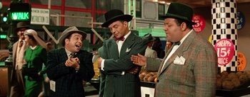 Movie still from “Guys and Dolls” (1955), directed by Joseph L. Mankiewicz – A group of men standing next to each other in suits; Medium shot, Over the shoulder angle