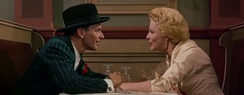 Movie still from “Guys and Dolls” (1955), directed by Joseph L. Mankiewicz – A man and a woman sitting at a table holding hands; Medium shot, Over the shoulder angle