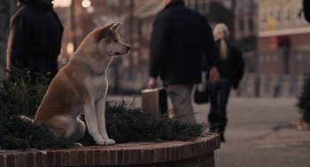 Movie still from “Hachi: A Dog's Tale” (2009), directed by Lasse Hallström – A brown and white dog sitting on top of a planter; Wide shot, High angle