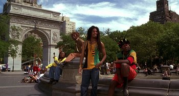Movie still from “Half Baked” (1998), directed by Tamra Davis – A group of young men standing next to each other; Wide shot, Low angle