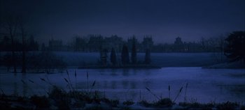 Movie still from “Hamlet” (1996), directed by Kenneth Branagh – A lake in the middle of a city at night; Extreme Wide shot, High angle