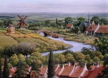 Movie still from “Hans Christian Andersen” (1952), directed by Charles Vidor – An oil painting of a town with a river running through it; Extreme Wide shot, High angle
