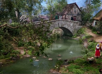 Movie still from “Hans Christian Andersen” (1952), directed by Charles Vidor – An image of a bridge crossing over a river; Extreme Wide shot, High angle