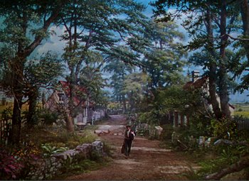 Movie still from “Hans Christian Andersen” (1952), directed by Charles Vidor – An oil painting of a person walking down a dirt road; Extreme Wide shot, High angle