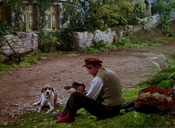 Movie still from “Hans Christian Andersen” (1952), directed by Charles Vidor – A man sitting on the ground next to a small dog; Wide shot, High angle