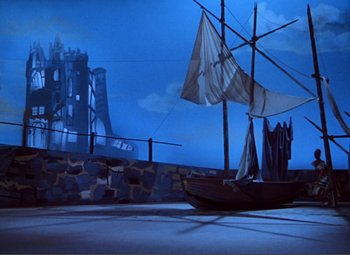 Movie still from “Hans Christian Andersen” (1952), directed by Charles Vidor – A painting of a boat in the middle of the night; Extreme Wide shot, Low angle