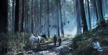Movie still from “True History of the Kelly Gang” (2019), directed by Justin Kurzel – Two men on horses in a forest with a person standing on the other side; Wide shot, Low angle