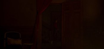 Movie still from “True History of the Kelly Gang” (2019), directed by Justin Kurzel – A person standing in a dark room looking out of a window; Wide shot, Over the shoulder angle