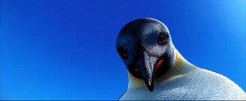 Movie still from “Happy Feet” (2006), directed by Warren Coleman – The head of a bird; Extreme Close Up shot, Low angle