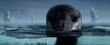 Movie still from “Happy Feet” (2006), directed by Warren Coleman – The face of an elephant seal in the water; Close Up shot, High angle