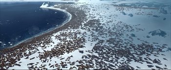 Movie still from “Happy Feet” (2006), directed by Warren Coleman – A flock of fish swimming in a body of water; Extreme Wide shot, Overhead angle