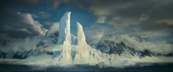 Movie still from “Happy Feet” (2006), directed by Warren Coleman – An image of an iceberg in the middle of the ocean; Extreme Wide shot, High angle