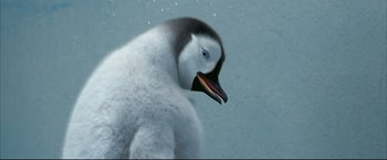 Movie still from “Happy Feet” (2006), directed by Warren Coleman – A bird with a beak open; Close Up shot, Low angle