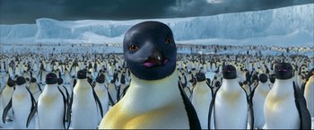 Movie still from “Happy Feet” (2006), directed by Warren Coleman – A lot of penguins in this picture; Close Up shot, Low angle