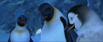 Movie still from “Happy Feet” (2006), directed by Warren Coleman – A penguin with its mouth open; Close Up shot, Low angle