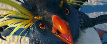 Movie still from “Happy Feet” (2006), directed by Warren Coleman – A bird's eyes and beak; Extreme Close Up shot, Low angle