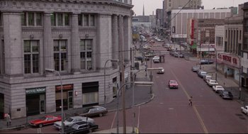 Movie still from “Hardcore” (1979), directed by Paul Schrader – A street view of cars driving down the street; Extreme Wide shot, High angle