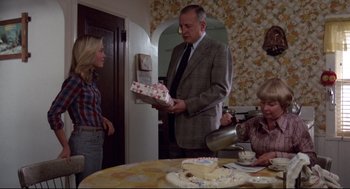 Movie still from “Hardcore” (1979), directed by Paul Schrader – A group of people standing around a table with a cake; Medium shot, Over the shoulder angle