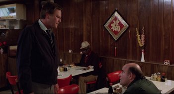Movie still from “Hardcore” (1979), directed by Paul Schrader – Three men are sitting at a table in a restaurant; Medium shot, Over the shoulder angle