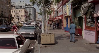 Movie still from “Hardcore” (1979), directed by Paul Schrader – People walking down the sidewalk of a busy city street; Wide shot, High angle