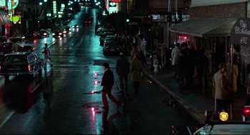 Movie still from “Hardcore” (1979), directed by Paul Schrader – A group of people walking down a street at night; Extreme Wide shot, High angle