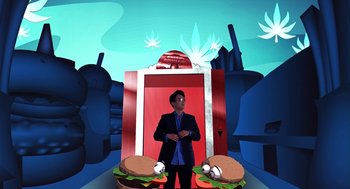 Movie still from “Harold & Kumar Go to White Castle” (2004), directed by Danny Leiner – A man standing in front of two large sandwiches; Wide shot, Overhead angle