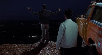 Movie still from “Harold & Kumar Go to White Castle” (2004), directed by Danny Leiner – A man standing on top of a hill at night; Extreme Wide shot, Low angle